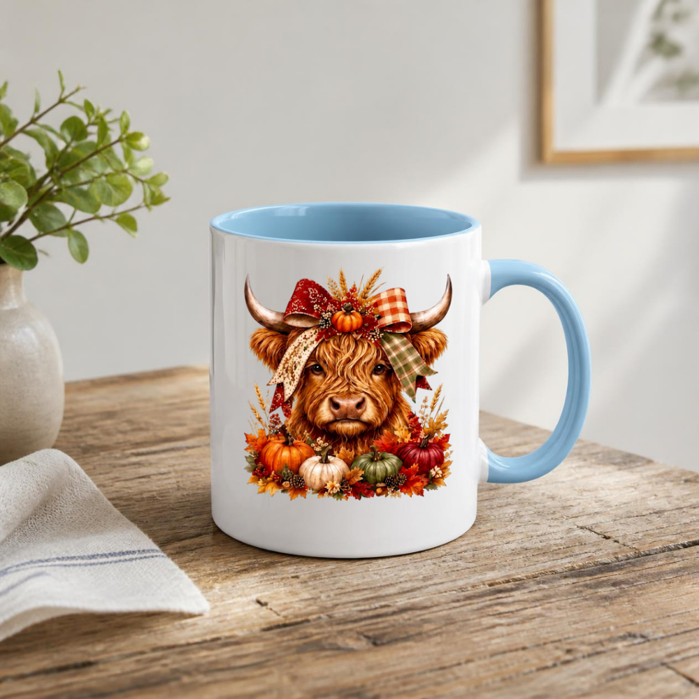 Autumn Harvest Highland Cow Coffee Mug - Fall Pumpkin & Plaid Bow Farmhouse Animal Ceramic Tea Cup for Thanksgiving & Rustic Kitchen Decor (M1207)