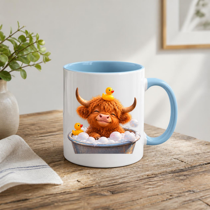 Cute Baby Highland Cow in Bubble Bath Coffee Mug - Rubber Duck Farm Animal Ceramic Tea Cup for Relaxation & Bath Time Gift (M1218)