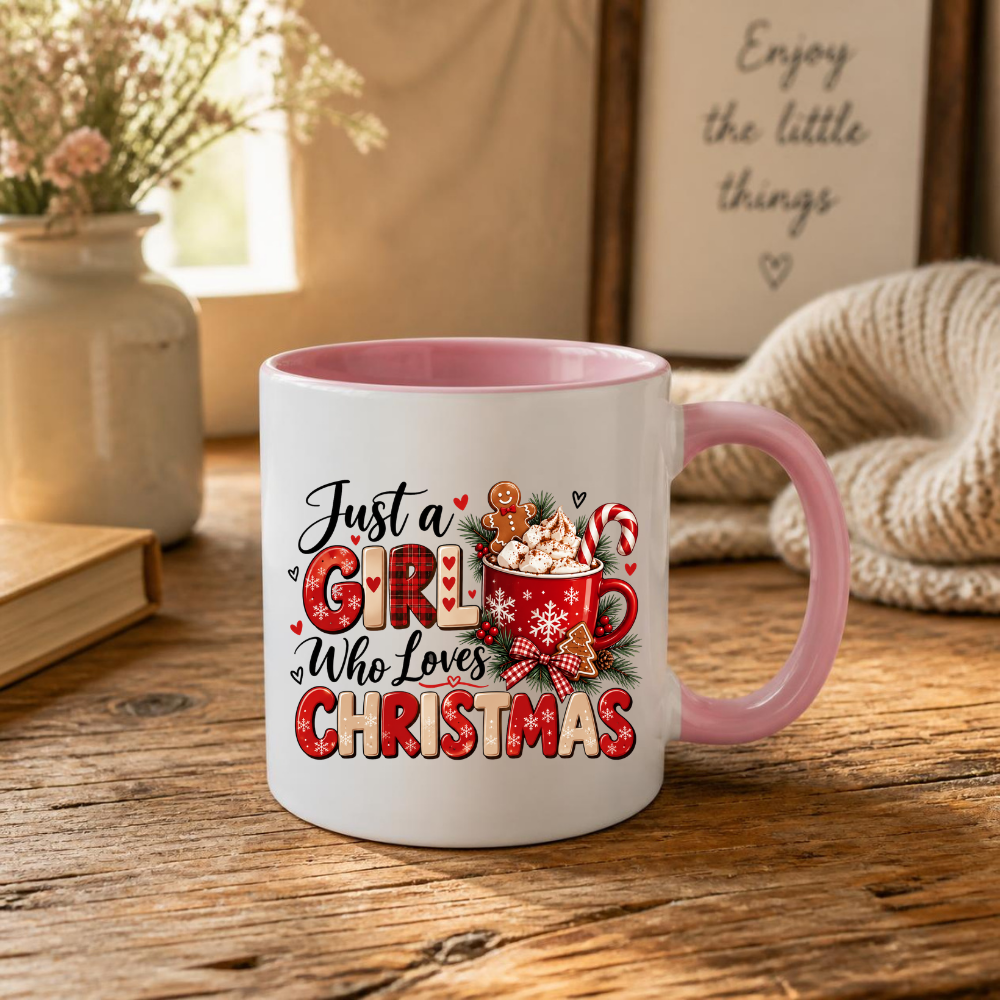 Christmas Mug "Just a Girl Who Loves Christmas" Festive Hot Chocolate Coffee Cup 350ml Ceramic, Cute Gingerbread Candy Cane Winter Gift for Her Mum Daughter Sister Girlfriend, Xmas Secret Santa Stocking Filler | Fast Dispatch by UK Seller (M1144)