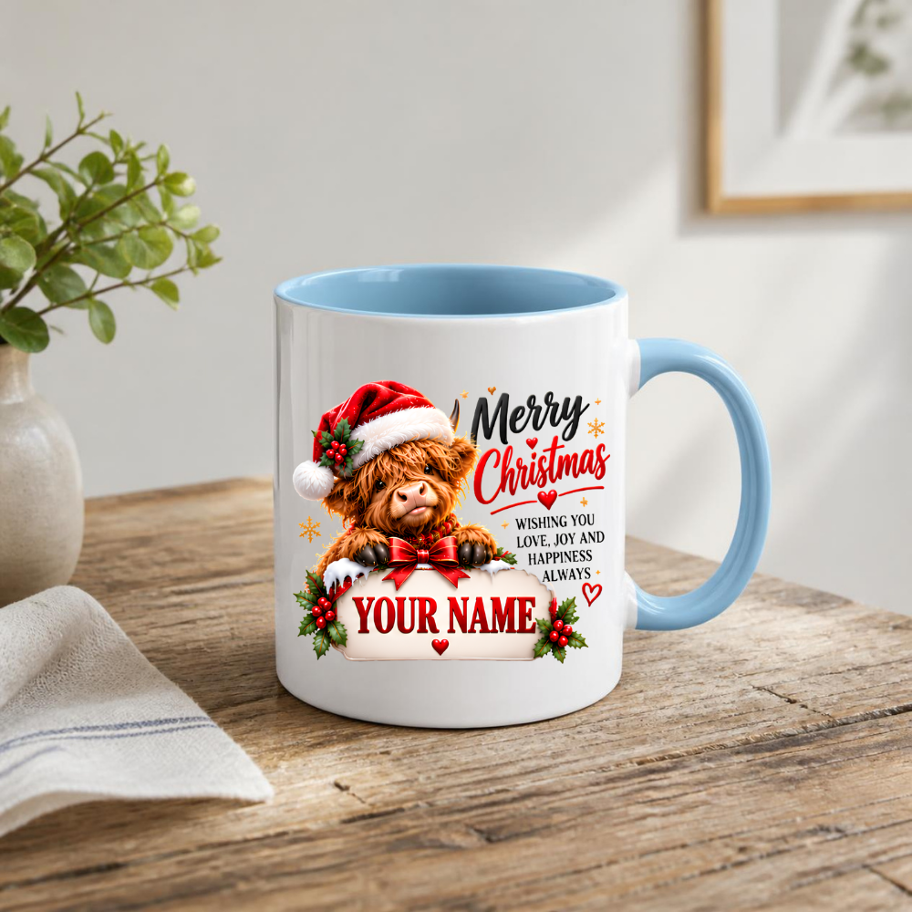 Personalised Christmas Mug "Merry Christmas" 325ml Ceramic Coffee Tea Cup – Santa Hat Highland Cow, Holly Berries, Custom Name & Festive Wish Slogan Novelty Gift for Bestie, Women, Holiday – Fast Dispatch by UK Seller (M3515)