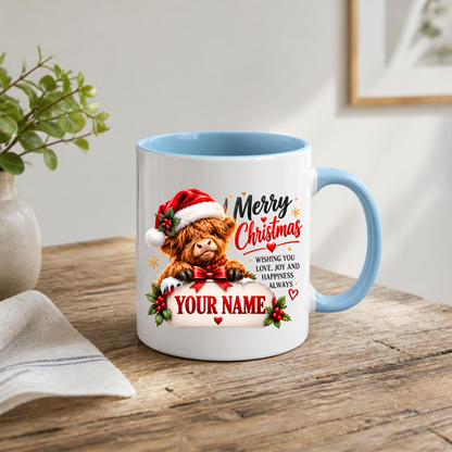 Personalised Christmas Mug "Merry Christmas" 325ml Ceramic Coffee Tea Cup – Santa Hat Highland Cow, Holly Berries, Custom Name & Festive Wish Slogan Novelty Gift for Bestie, Women, Holiday – Fast Dispatch by UK Seller (M3515)