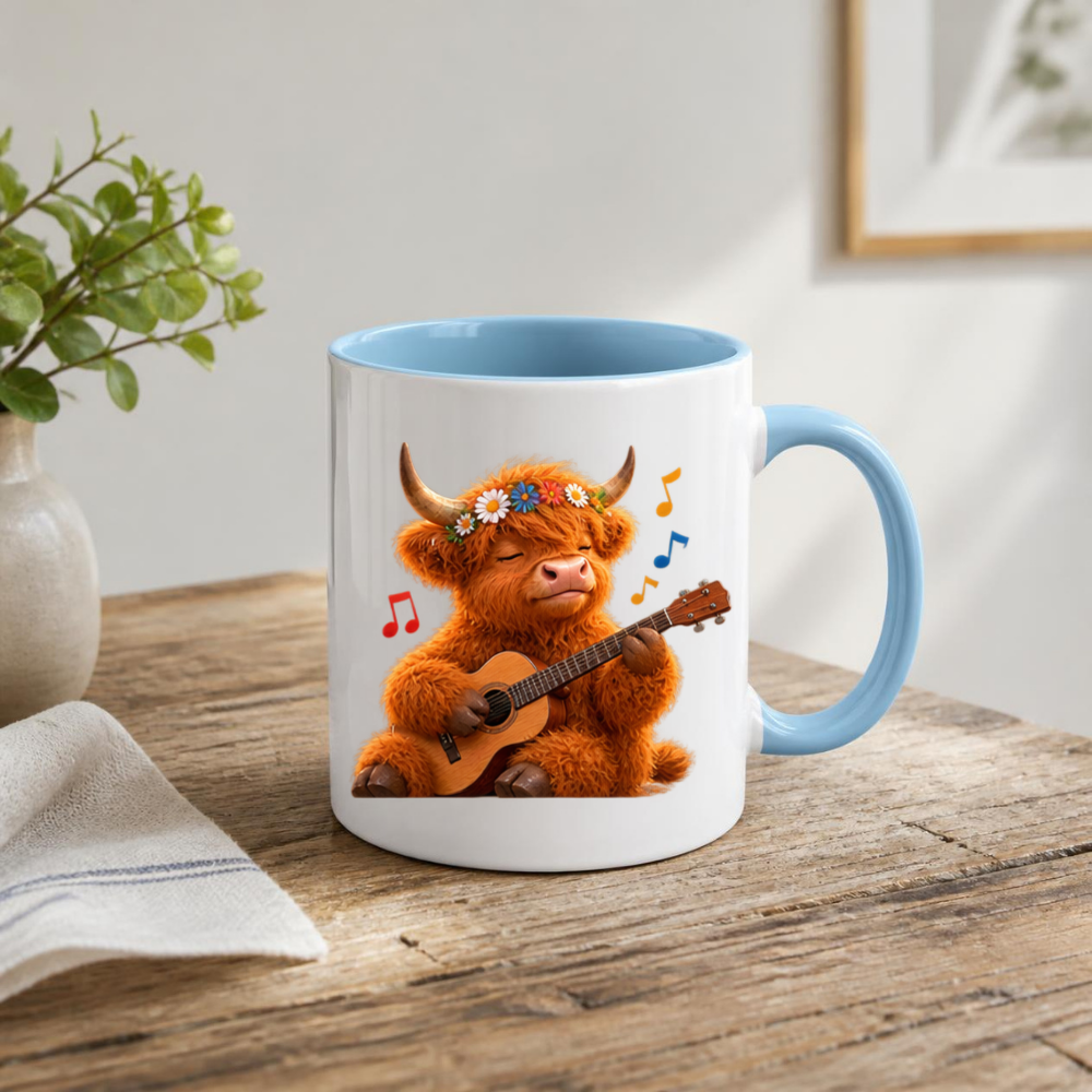 Highland Cow Playing Guitar Ceramic Coffee Mug - Cute Fluffy Farm Animal Flower Crown Tea Cup for Musicians & Music Lovers (M1219)