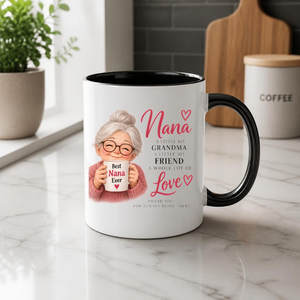 Family Mug "Nana A LITTLE BIT GRANDMA A LITTLE BIT FRIEND A WHOLE LOT OF Love" Sweet Grandma 325ml Ceramic Coffee Mug – Heartwarming Nana Tea Cup with Smiling Grandma & Mini Mug Graphic Gift | Available in Multicolours | Fast Dispatch by UK Seller (M3012)