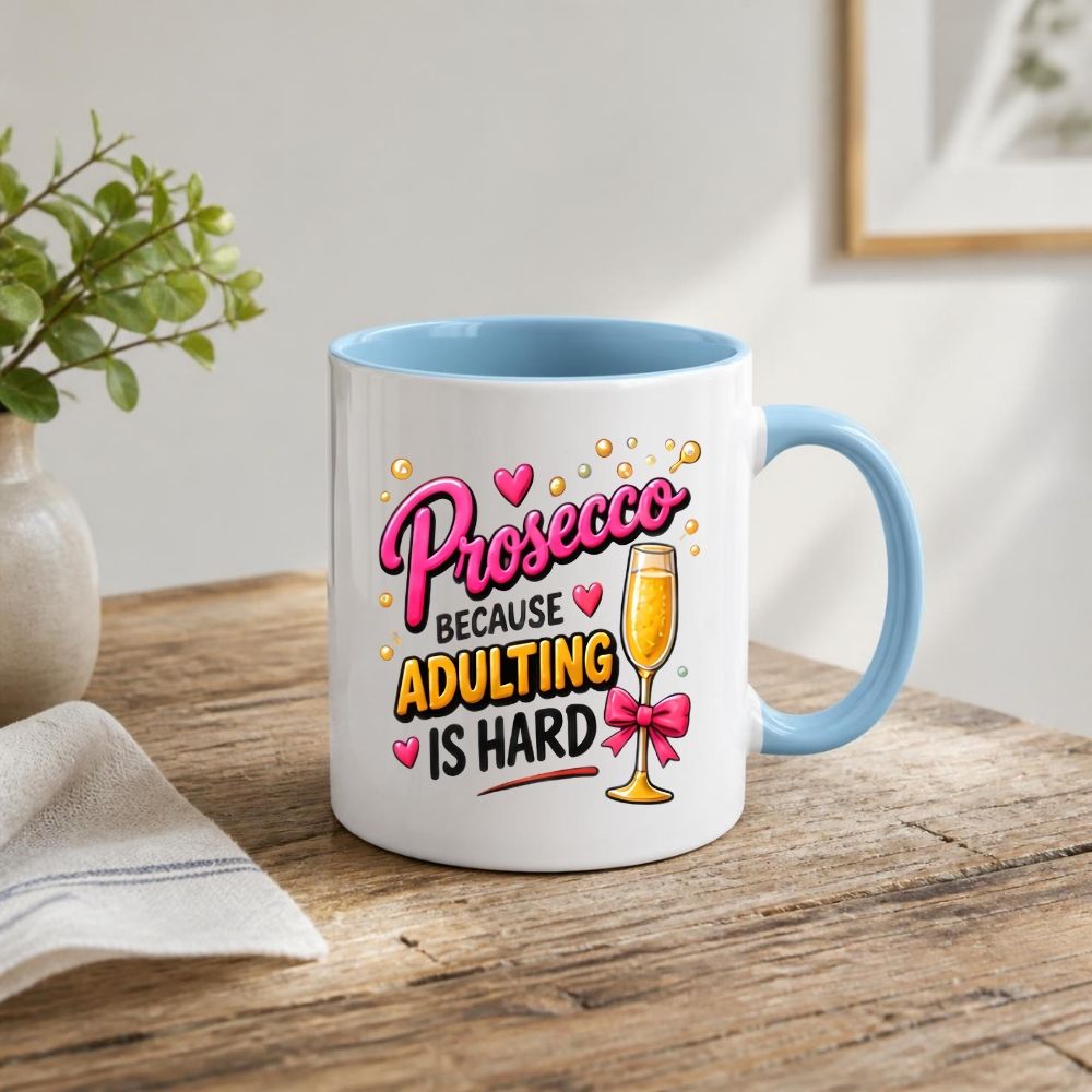 Humorous Mug "Prosecco Because Adulting Is Hard" 325ml Ceramic Coffee Mug Funny Wine Lover Tea Cup with Champagne Flute, Pink Bow & Bubbles Gift | Available in Multicolours | Fast Dispatch by UK Seller (M1303)