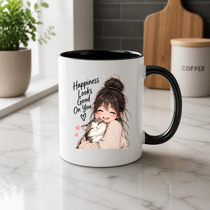 Inspirational Anime Mug "Happiness Looks Good On You" Cute Anime Girl & Cat 325ml Ceramic Coffee Mug Wholesome Kitten Tea Cup with Cute Girl Hugging Cat Graphic Gift | Available in Multicolours | Fast Dispatch by UK Seller (M3024)