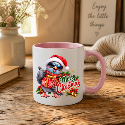 Christmas Mug "Merry Christmas Cool Pigeon" Merry Christmas 325ml Ceramic Coffee Mug – Cool Winking Pigeon in Santa Hat, Sunglasses, Scarf Holding Wrapped Christmas Gift Festive Holiday Gift | Available in Multicolours | Fast Dispatch by UK Seller (M3265)