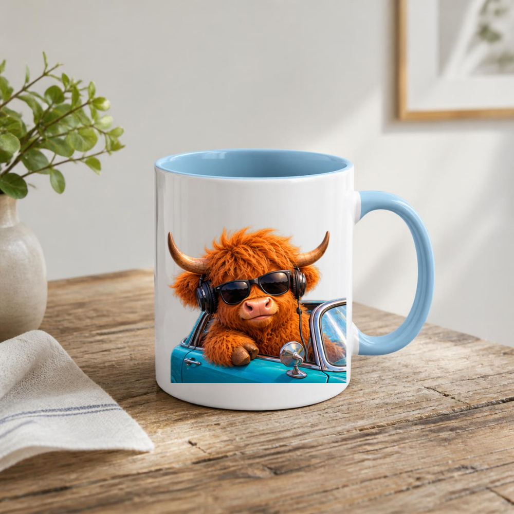 Cool Highland Cow Driving Convertible Car Coffee Mug - Sunglasses & Headphones Farm Animal Ceramic Tea Cup for Drivers & Music Lovers (M1217)