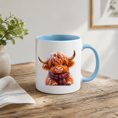 Winter Snow Highland Cow Coffee Mug - Fluffy Baby Animal in Plaid Scarf Ceramic Tea Cup for Christmas & Cozy Holiday Decor (M1215)