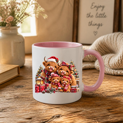 Christmas Highland Cow Family Mug Christmas Highland Cow Family 325ml Ceramic Coffee Mug – Festive Scottish Cows in Santa Hats, Bows & Scarves with Presents | Holiday Gift | Fast Dispatch by UK Seller (M3375)