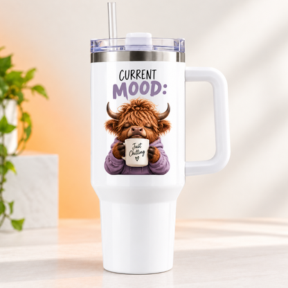 Cute Highland Cow Travel Tumbler "Current Mood: Just Chilling" Graphic 40oz Stainless Steel Insulated Travel Mug with Handle & Straw – Cozy Cow in Purple Hoodie with Coffee Mug Novelty Travel Cup | Fast Dispatch by UK Seller (T3027)