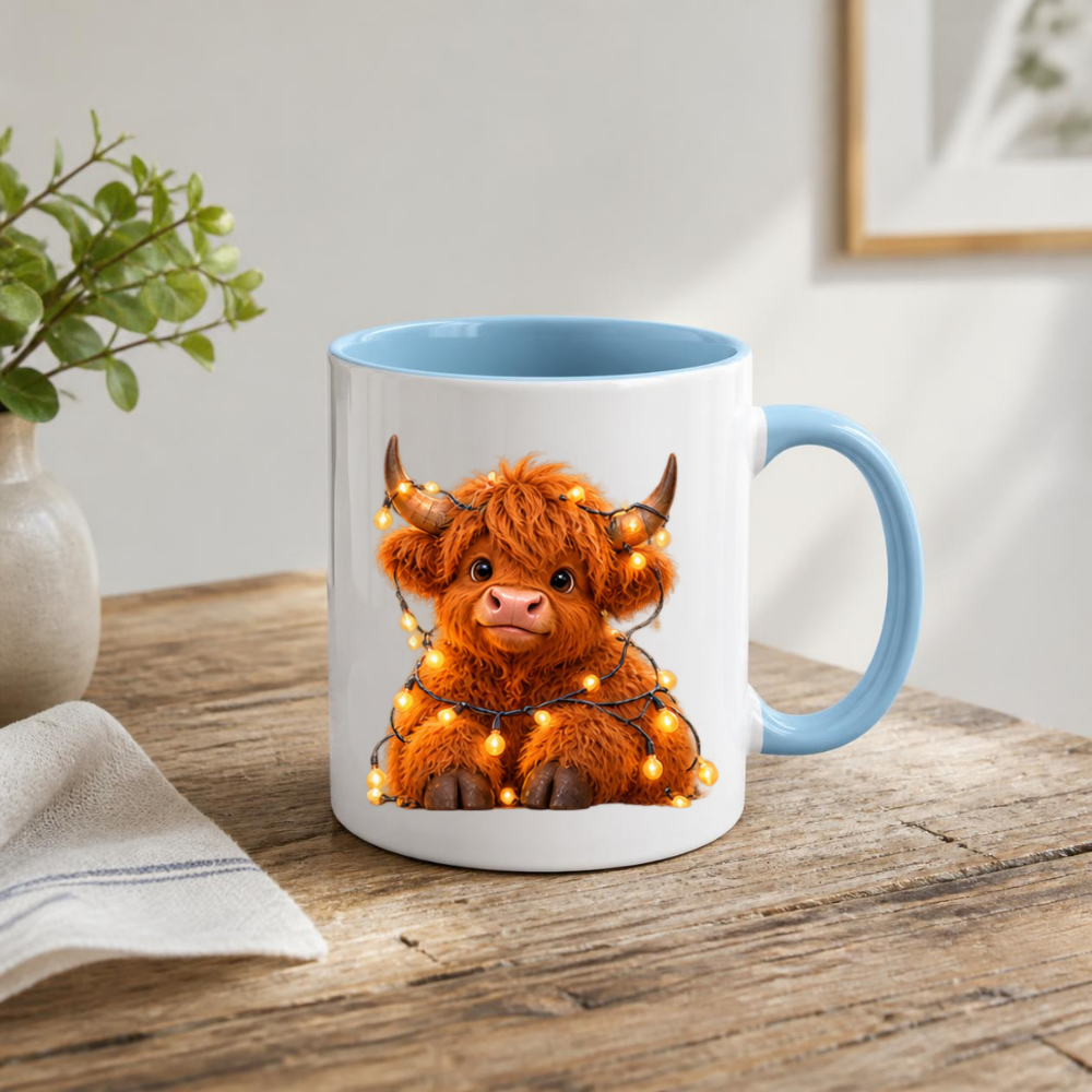 Fairy Lights Highland Cow Ceramic Coffee Mug - Glowing Warm Light Farm Animal Tea Cup for Cozy Winter Nights & Holiday Decor (M1221)