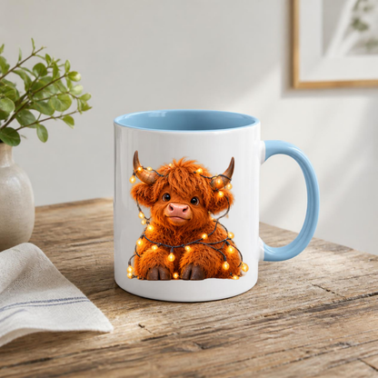 Fairy Lights Highland Cow Ceramic Coffee Mug - Glowing Warm Light Farm Animal Tea Cup for Cozy Winter Nights & Holiday Decor (M1221)