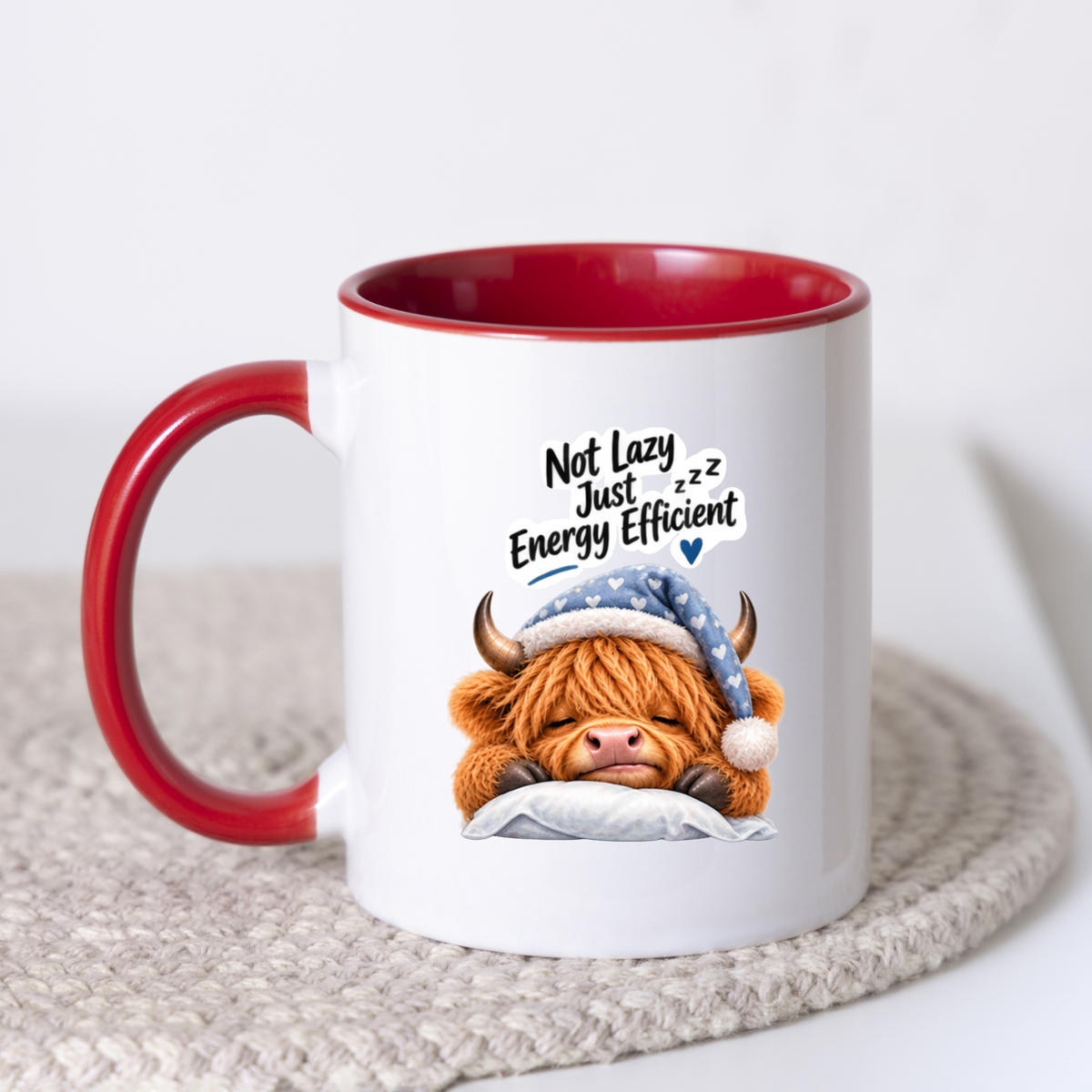 Funny Mug Sleeping Highland Cow "Not Lazy Just Energy Efficient" Ceramic Coffee Mug - Relatable Sarcastic Farm Animal Nightcap Tea Cup Gift | Available in Multicolours | Fast Dispatch by UK Seller (M1223)