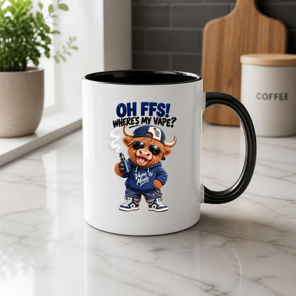 Funny Highland Cow Mug "Oh FFS! Where's My V?" Sarcastic Meme Animal 350ml Ceramic Coffee & Tea Cup “ Novelty Cool Scottish Cattle Gift | Available in Multicolours | Fast Dispatch by UK Seller (M1320)