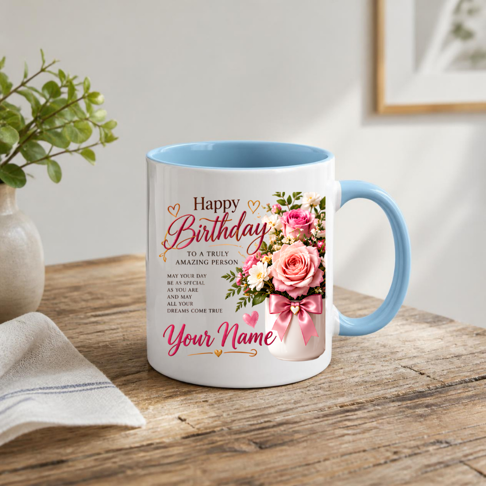 Personalised Birthday Mug "Happy Birthday To A Truly Amazing Person" 325ml Ceramic Coffee Tea Cup – Pink Roses Bouquet, Custom Name & Wish Slogan Novelty Gift for Women, Bestie, Birthday – Fast Dispatch by UK Seller (M3509)
