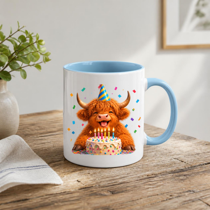 Festive Mug Birthday Highland Cow Ceramic Coffee Mug – Cute Celebration Farm Animal Party Hat & Cake Tea Cup Gift 350ml | Available in Multicolours | Fast Dispatch by UK Seller (M1229)
