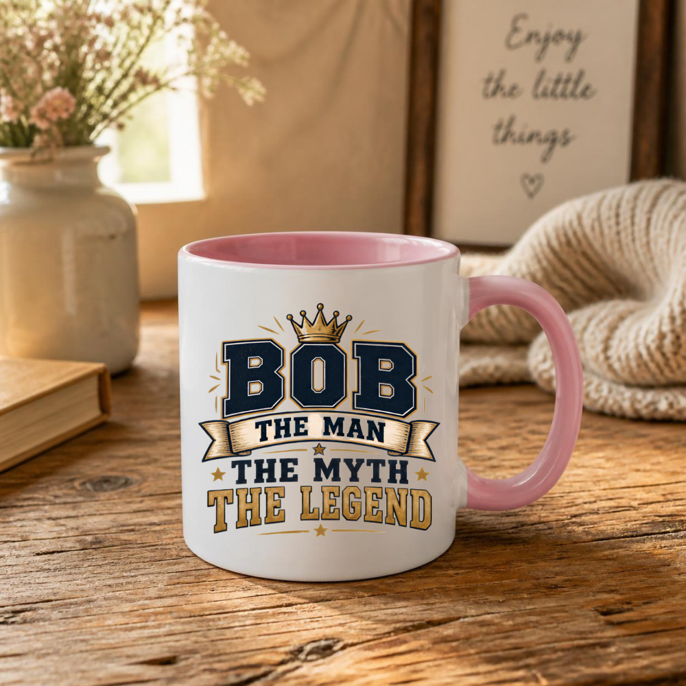 Personalized Name Mug "Bob The Man The Myth The Legend" Bob The Man The Myth The Legend 325ml Ceramic Coffee Mug – Custom Name Typography Slogan with Gold Crown, Banner & Stars | Funny Gift | Fast Dispatch by UK Seller (M3416)