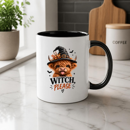 Sassy Halloween Highland Cow Mug "Witch, Please" Graphic 325ml Ceramic Coffee Cup Cute Highland Cow in Witch Hat with Bats Novelty Tea Cup | Funny Spooky Season Gift for Her | Available in Multicolours | Fast Dispatch by UK Seller (M3133)