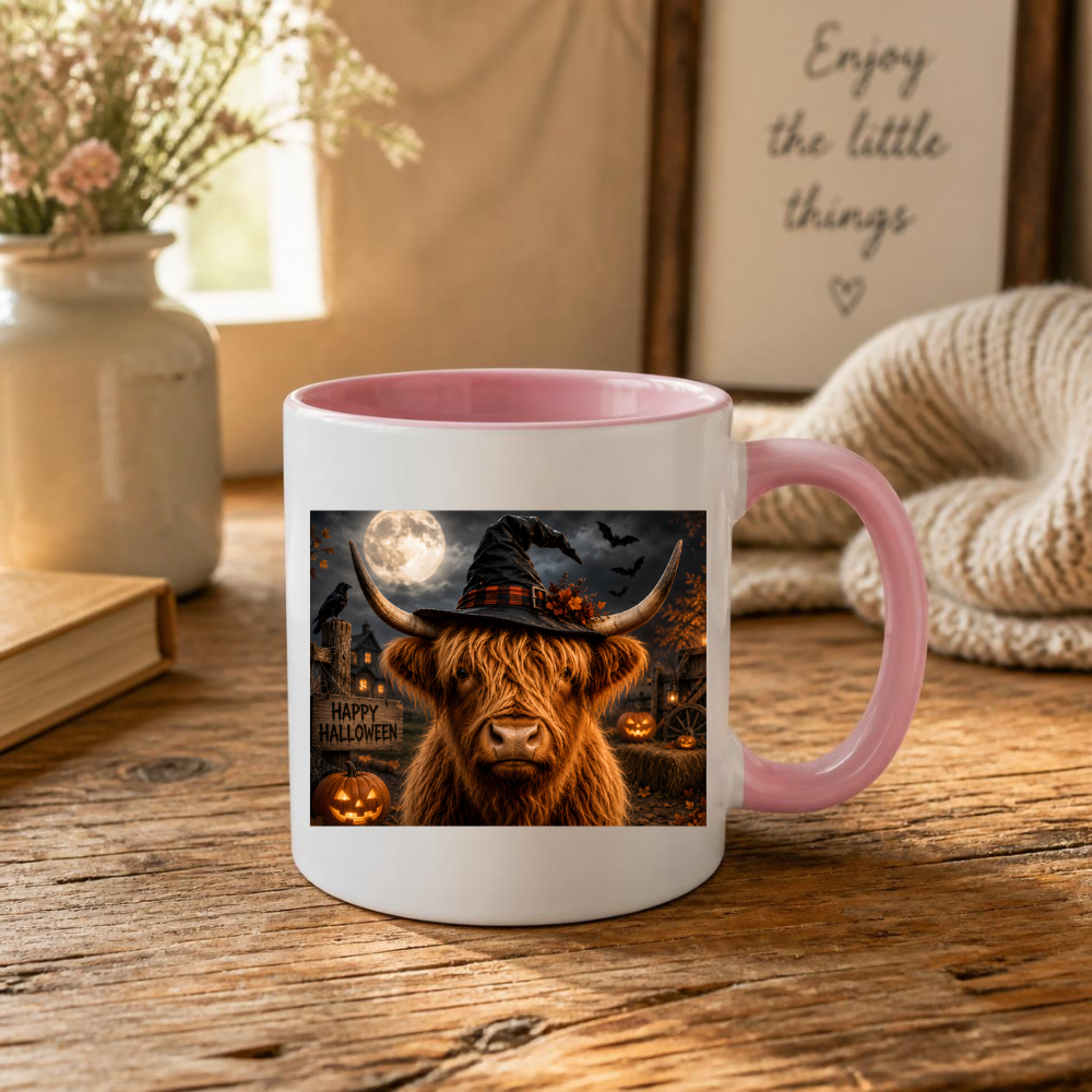 Spooky Mug "Spooky Witch Highland Cow" Witchy Highland Cow 325ml Ceramic Coffee Mug Gothic Halloween Tea Cup with Witch Hat and Full Moon Graphic Gift | Available in Multicolours | Fast Dispatch by UK Seller (M3158)