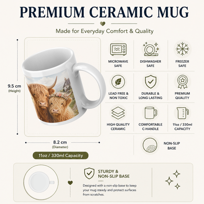 Cute Highland Cow Coffee Mug with Floral Crown - Fluffy Farmhouse Animal Ceramic Tea Cup for Cow Lovers & Rustic Kitchen Decor (M1201)