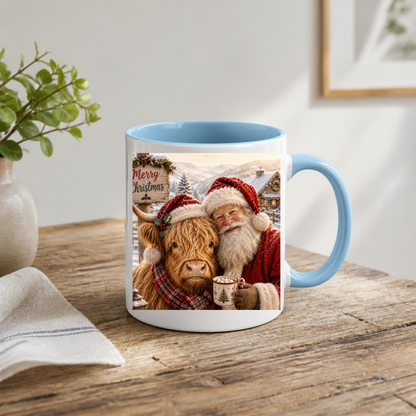 Festive Santa and Highland Cow Christmas Coffee Mug - Cozy Winter Holiday Ceramic Tea Cup with Plaid Scarf & Snow Scene Gift (M1214)