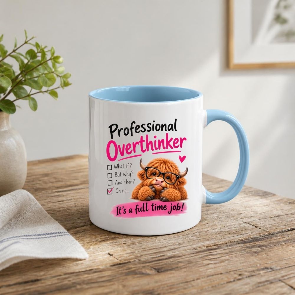 Humorous Mug "Professional Overthinker" Highland Cow 325ml Ceramic Coffee Mug Funny Relatable Tea Cup with Glasses & Checklist Gift | Available in Multicolours | Fast Dispatch by UK Seller (M1289)