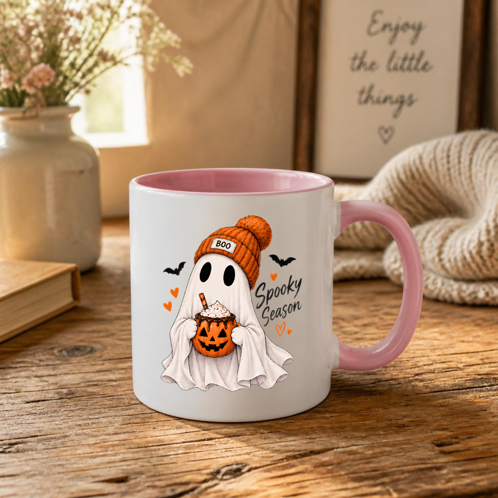 Halloween Mug "Ghost Spooky Season" Ghost Spooky Season 325ml Ceramic Coffee Mug – Cute Halloween Autumn Tea Cup with Sheet Ghost, "BOO" Orange Beanie Pumpkin Spice Coffee Mug Graphic Gift | Available in Multicolours | Fast Dispatch by UK Seller (M3222)