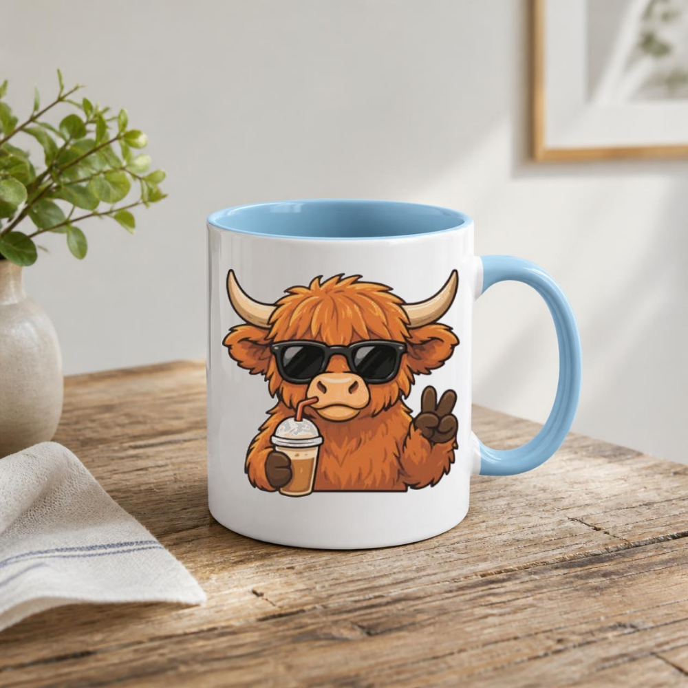 Cool Highland Cow Drinking Iced Coffee Mug - Cute Animated Farm Animal Ceramic Tea Cup with Sunglasses & Peace Sign (M1203)