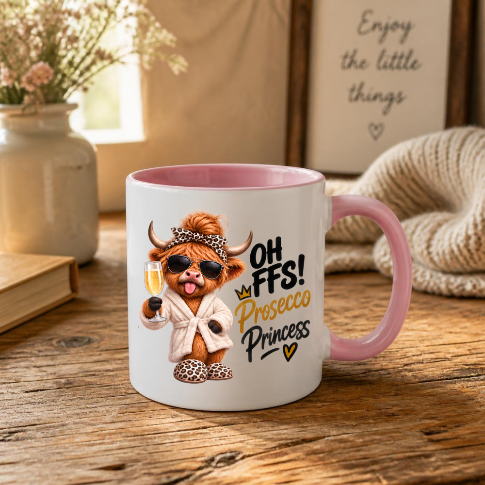 Highland Cow Prosecco Princess Mug "Oh FFS! Prosecco Princess" Oh FFS! Prosecco Princess 325ml Ceramic Coffee Mug – Cute Highland Cow in Bathrobe, Leopard Bow & Slippers holding Champagne Flute | Funny Gift | Fast Dispatch by UK Seller (M3393)