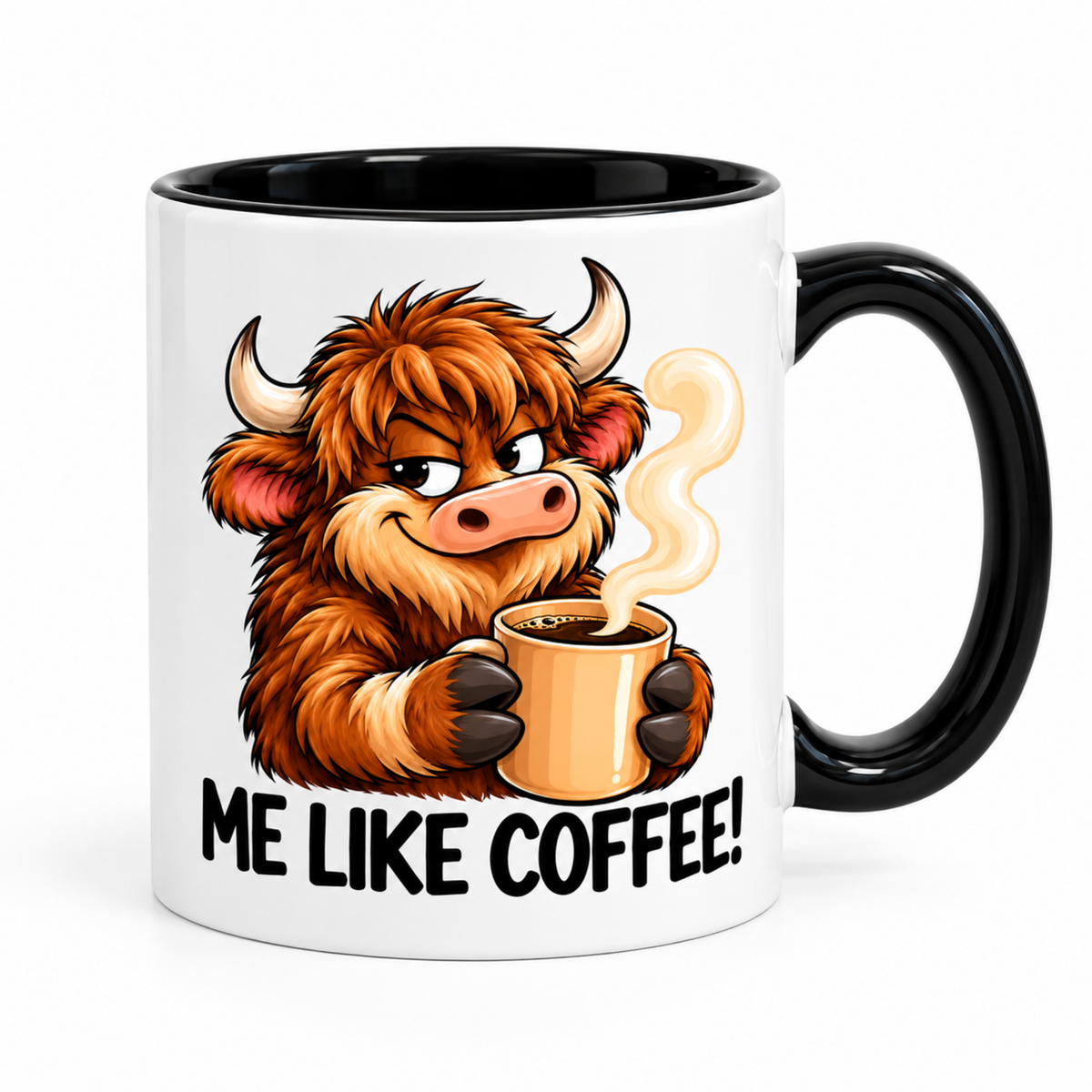 Funny Highland Cow Coffee Mug "ME LIKE COFFEE!" –  Cute Cheeky Cow Cartoon 350ml Ceramic Cup with Black Handle, 11oz, Funny Coffee Quote Mug for Coffee Lovers, Unique Novelty Gift for Him Her, Home Office Coffee Breaks | Fast Dispatch by UK Seller (M1106)