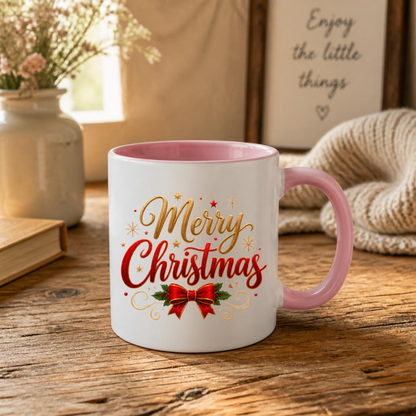 Christmas Mug "Merry Christmas Red Ribbon & Gold Stars" Merry Christmas 325ml Ceramic Coffee Mug – Festive Typography Mug with Red Bow, Holly Gold Stars Holiday Gift | Available in Multicolours | Fast Dispatch by UK Seller (M3311)