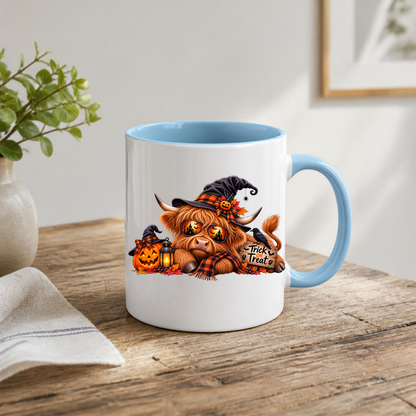 Cool Spooky Halloween Highland Cow Coffee Mug - "Trick or Treat" Jack-o'-Lantern & Witch Hat Ceramic Tea Cup for Fall Season Decor (M1213)