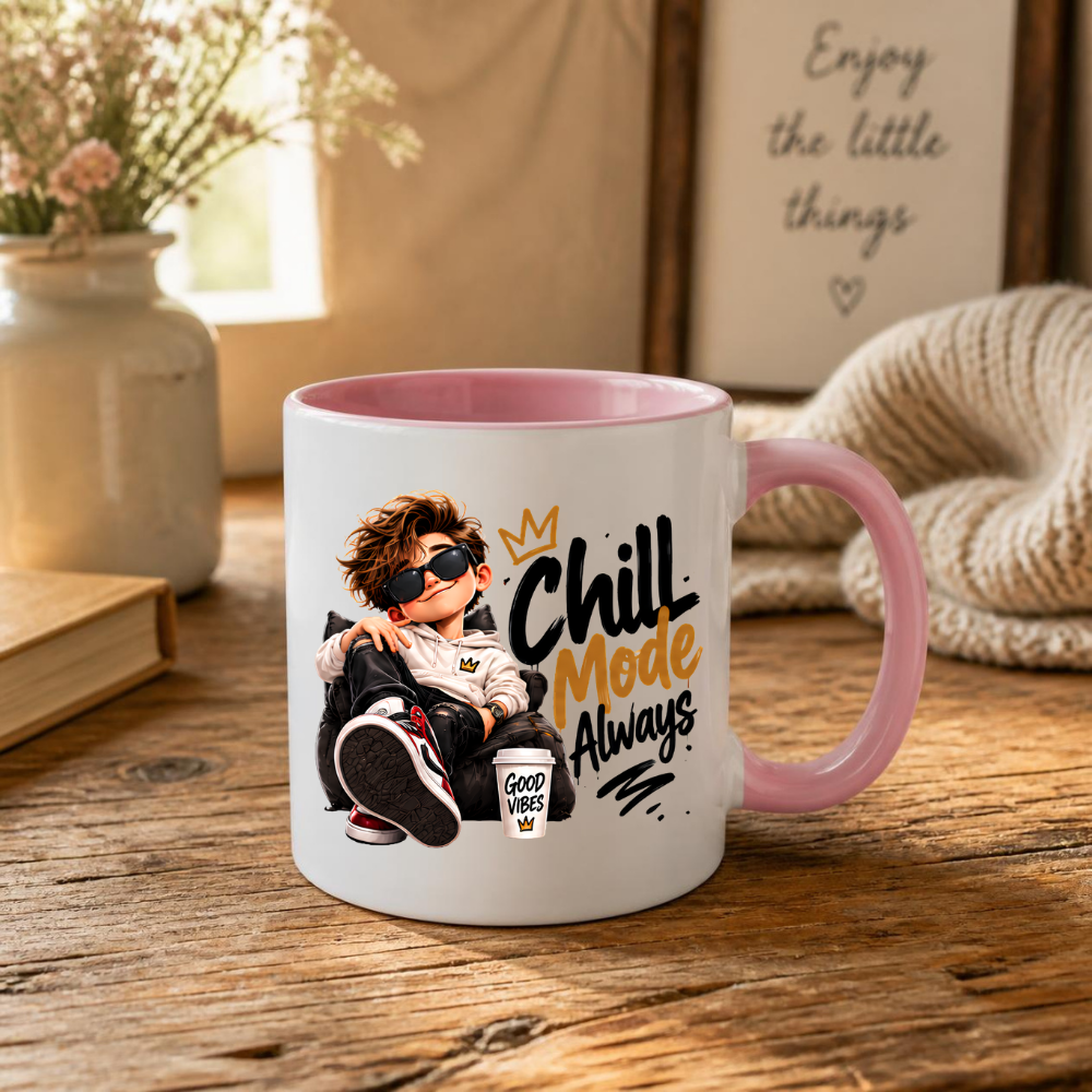 Chill Mug "Chill Mode Always" 325ml Ceramic Coffee Tea Cup – Cool Boy Graphic, Sunglasses, Hoodie & Good Vibes Slogan Novelty Gift for Bestie, Teens, Birthday – Fast Dispatch by UK Seller (M3497)