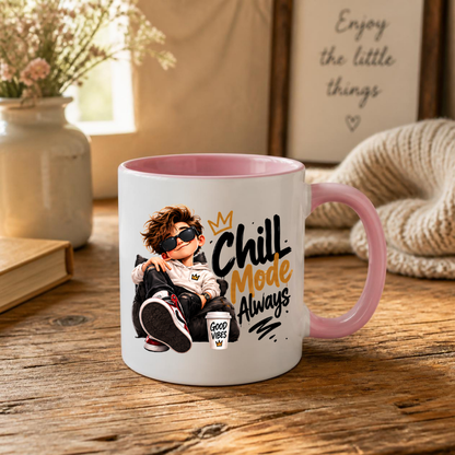 Chill Mug "Chill Mode Always" 325ml Ceramic Coffee Tea Cup – Cool Boy Graphic, Sunglasses, Hoodie & Good Vibes Slogan Novelty Gift for Bestie, Teens, Birthday – Fast Dispatch by UK Seller (M3497)
