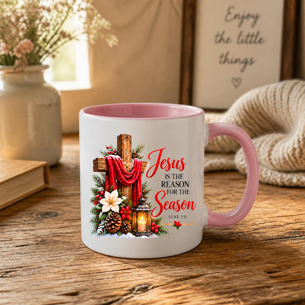Religious Christmas Mug "Jesus Is The Reason For The Season" Jesus Is The Reason For The Season 325ml Ceramic Coffee Mug – Christian Christmas Cross Mug with Luke 2:11, Lantern & Poinsettia | Religious Holiday Gift | Fast Dispatch by UK Seller (M3337)