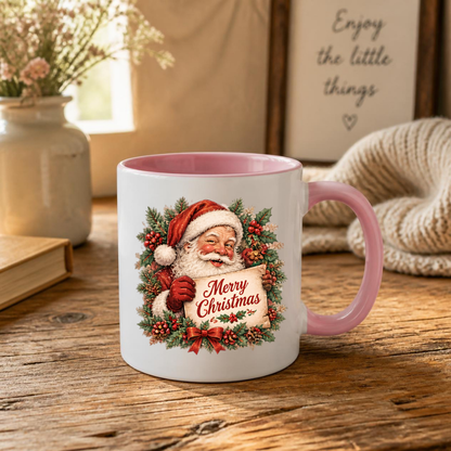 Vintage Santa Claus Christmas Scroll Mug "Merry Christmas" Vintage Santa Claus 325ml Ceramic Coffee Mug – Nostalgic Santa Claus holding Merry Christmas Scroll with Holly Wreath & Red Bow | Festive Holiday Gift | Fast Dispatch by UK Seller (M3414)
