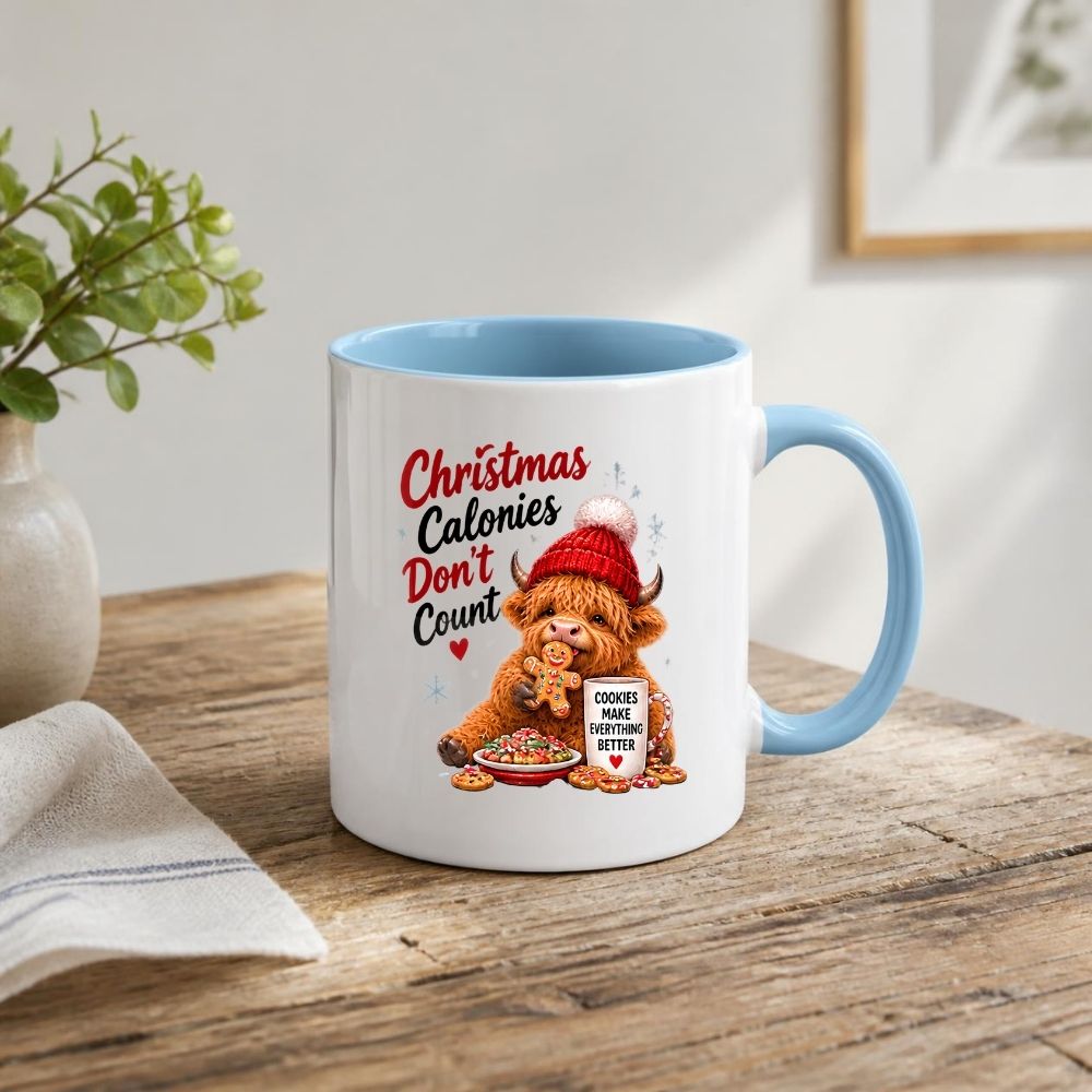Festive Mug "Christmas Calories Don't Count" Highland Cow 325ml Ceramic Coffee Mug Cute Holiday Tea Cup with Gingerbread Man, Beanie & Cookies Gift | Available in Multicolours | Fast Dispatch by UK Seller (M1296)