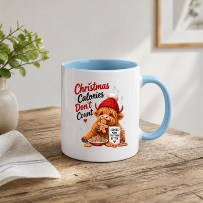 Festive Mug "Christmas Calories Don't Count" Highland Cow 325ml Ceramic Coffee Mug Cute Holiday Tea Cup with Gingerbread Man, Beanie & Cookies Gift | Available in Multicolours | Fast Dispatch by UK Seller (M1296)