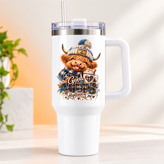 Cute Highland Cow Travel Tumbler "Good Vibes Highland Cow" Graphic 40oz Stainless Steel Insulated Travel Mug with Handle & Straw â€“ Winter Calf in Bobble Hat & Scarf with Hot Chocolate Novelty Travel Cup | Fast Dispatch by UK Seller (T3002)