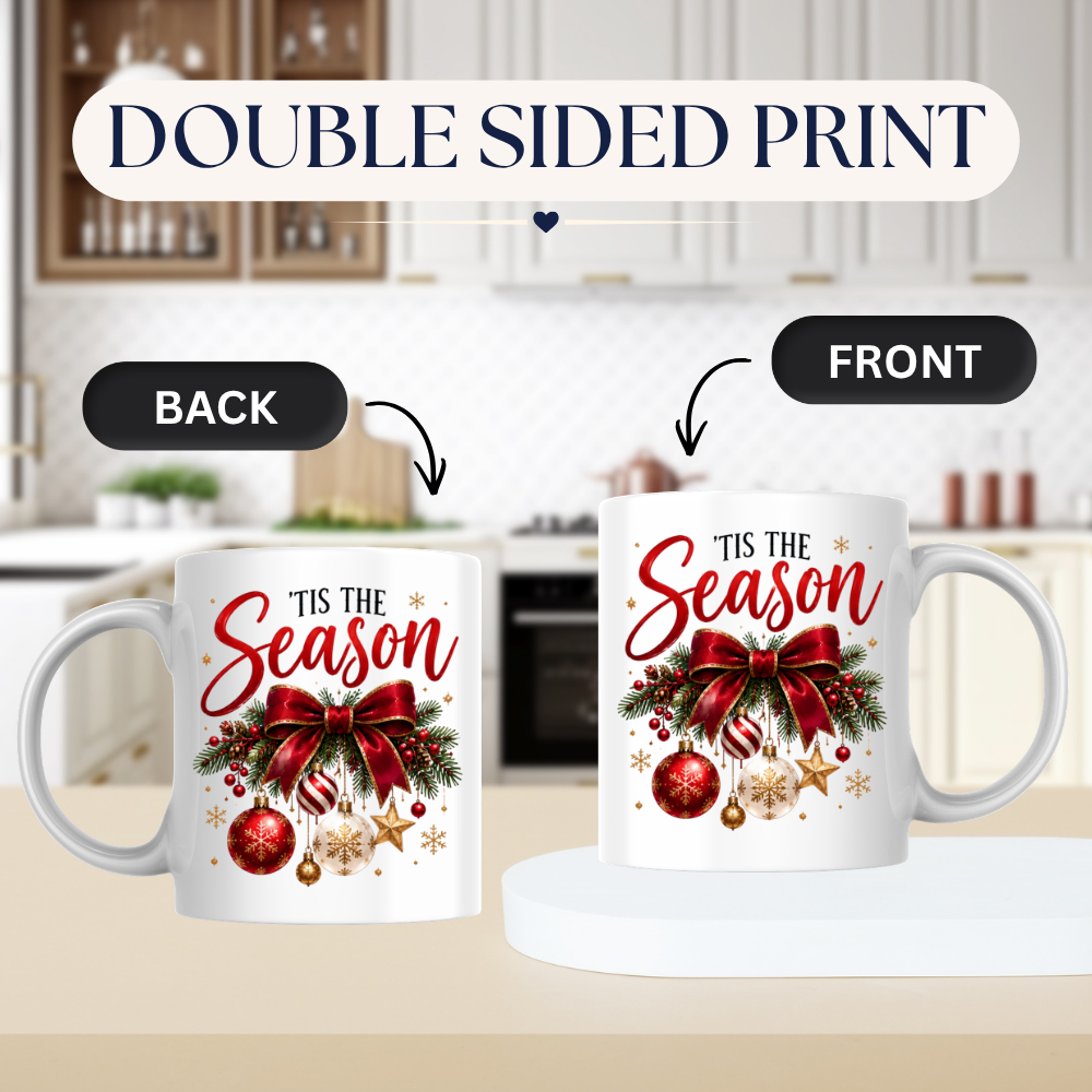 Christmas Bow Ornaments Mug "'Tis The Season" 'Tis The Season 325ml Ceramic Coffee Mug – Festive Red Bow with Hanging Baubles, Stars & Pine Branches | Holiday Gift | Fast Dispatch by UK Seller (M3401)