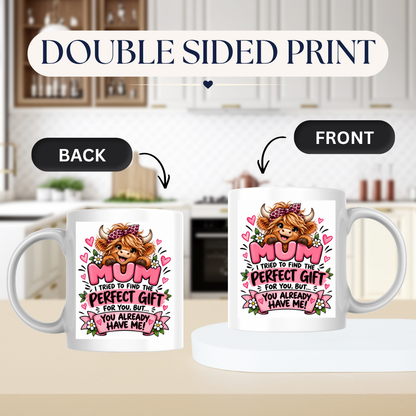 Funny Highland Cow Mug "Mum I Tried To Find The Perfect Gift" Mum I Tried To Find The Perfect Gift For You 325ml Ceramic Coffee Mug –Cute Highland Cow with Leopard Bandana & Floral Ribbon | Mother's Day & Birthday Gift | Fast Dispatch by UK Seller (M3447)