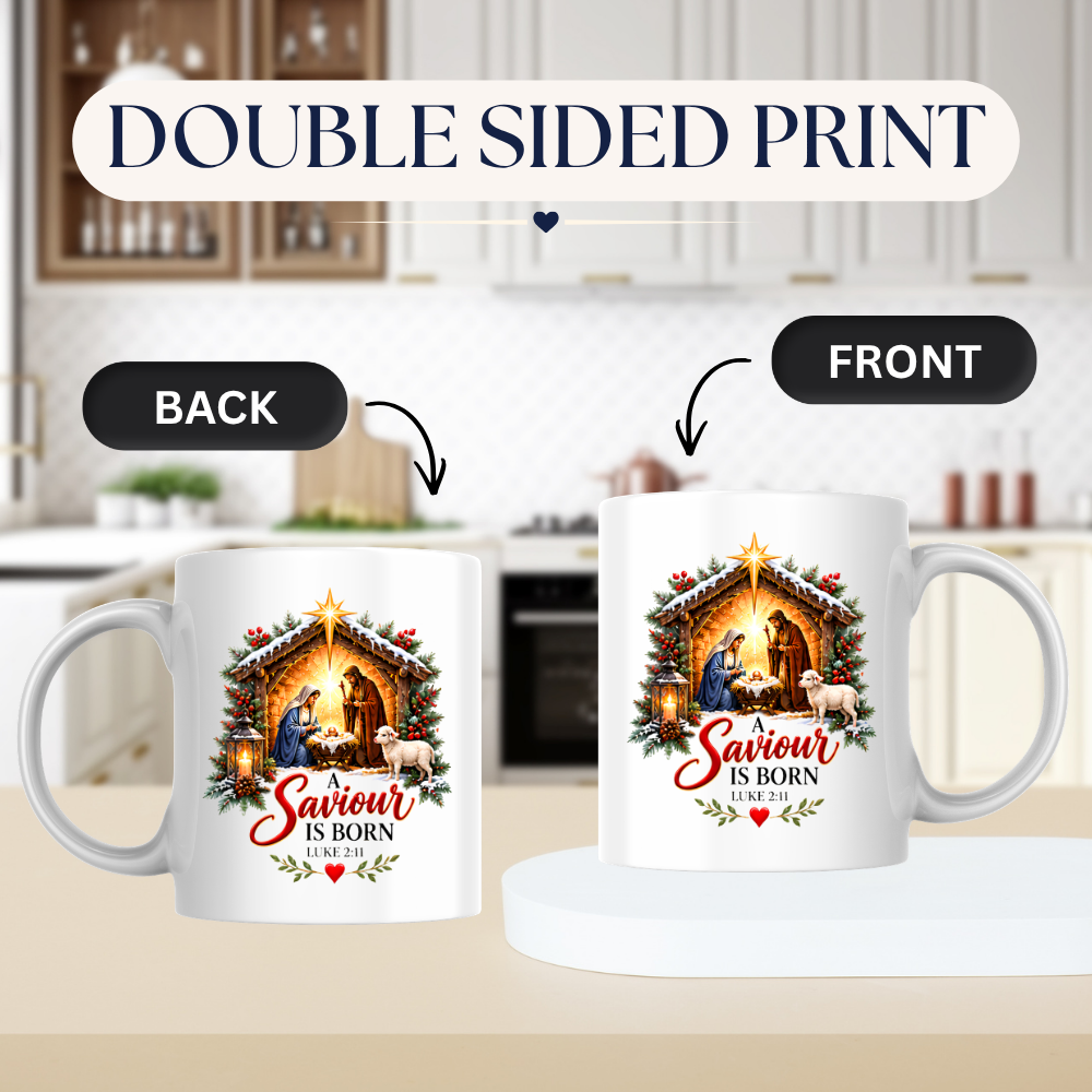 Religious Christmas Mug "A Saviour Is Born" Nativity Scene A Saviour Is Born 325ml Ceramic Coffee Mug – Christian Nativity Scene Scripture Mug with Luke 2:11, Manger, Lantern & Lamb | Religious Christmas Gift | Fast Dispatch by UK Seller (M3357)