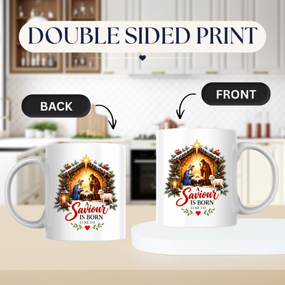 Religious Christmas Mug "A Saviour Is Born" Nativity Scene A Saviour Is Born 325ml Ceramic Coffee Mug – Christian Nativity Scene Scripture Mug with Luke 2:11, Manger, Lantern & Lamb | Religious Christmas Gift | Fast Dispatch by UK Seller (M3357)