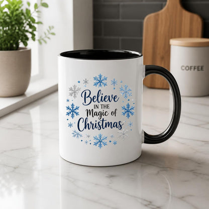 Magical Mug "Believe in the Magic of Christmas" Snowflake Wreath 325ml Ceramic Coffee Mug Festive Winter Holiday Tea Cup with Blue & Silver Snowflakes Gift | Available in Multicolours | Fast Dispatch by UK Seller (M1251)