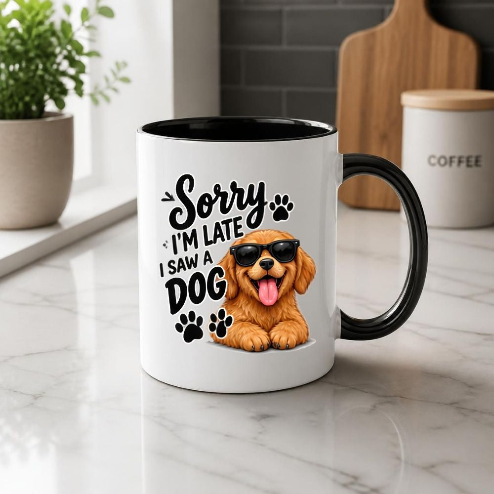Humorous Mug "Sorry I'm Late I Saw A Dog" Cute Golden Retriever Puppy 325ml Ceramic Coffee Mug – Funny Dog Lover Tea Cup with Sunglasses & Paw Prints Graphic Gift | Available in Multicolours | Fast Dispatch by UK Seller (M1309)