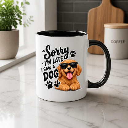 Humorous Mug "Sorry I'm Late I Saw A Dog" Cute Golden Retriever Puppy 325ml Ceramic Coffee Mug – Funny Dog Lover Tea Cup with Sunglasses & Paw Prints Graphic Gift | Available in Multicolours | Fast Dispatch by UK Seller (M1309)