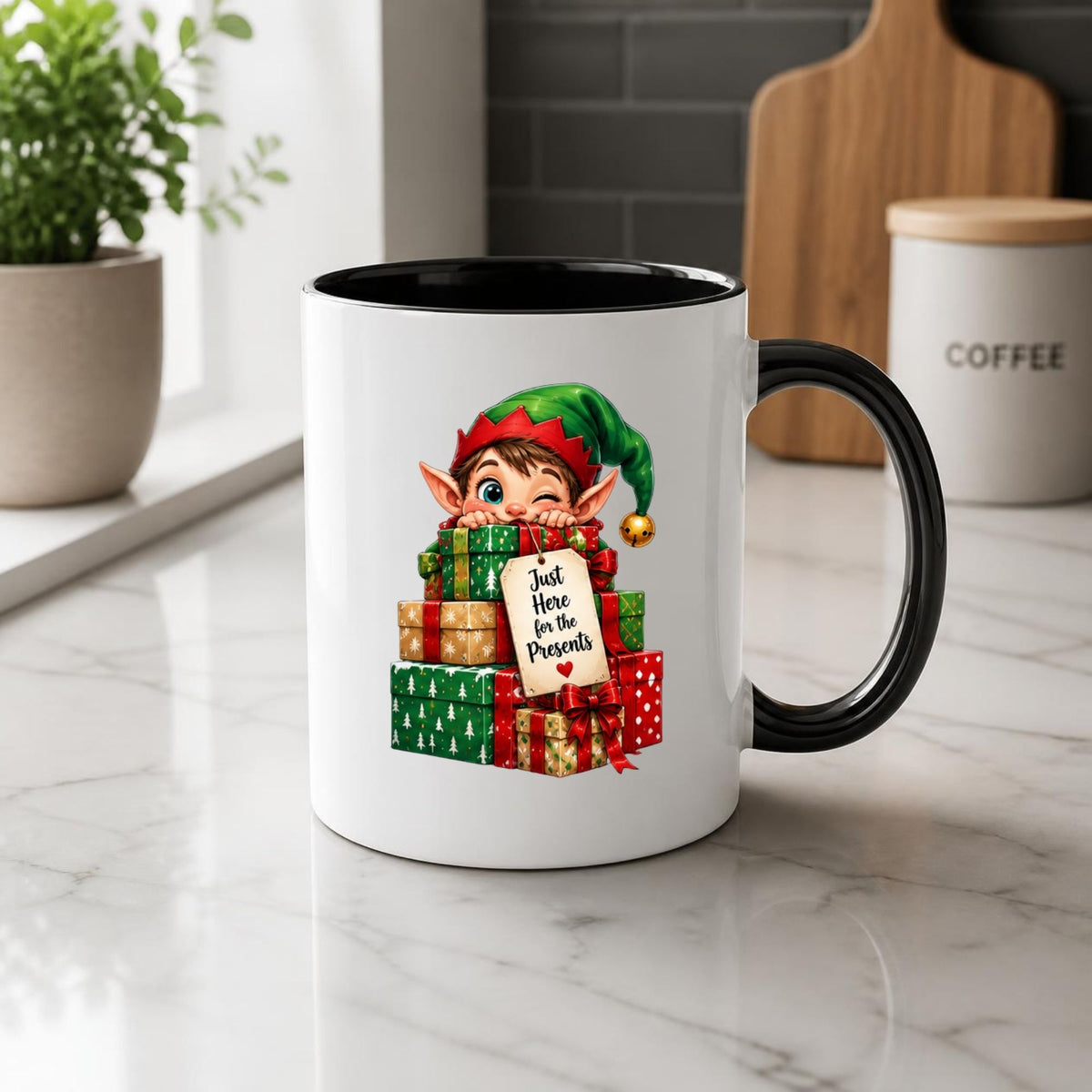Playful Mug "Just Here for the Presents" Christmas Elf 325ml Ceramic Coffee Mug Cute Holiday Tea Cup with Jingle Bell Hat & Gift Box Tag Gift | Available in Multicolours | Fast Dispatch by UK Seller (M1244)