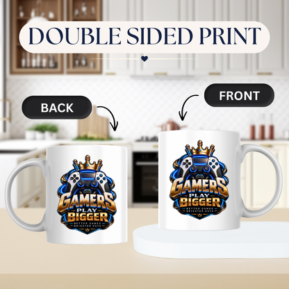 Gaming Mug "Gamers Play Bigger" Gamers Play Bigger 325ml Ceramic Coffee Mug – Royal Gold & Blue Gaming Controller Crest with Crown & Slogan | Video Game Gift | Fast Dispatch by UK Seller (M3349)