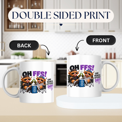 Camping Besties Highland Cows Mug "OH FFS! Same Madness Different Day!" Oh Ffs! Same Madness Different Day! 325ml Ceramic Coffee Mug – Cute Highland Cows in Camping Chairs Toasting Beer Bottles | Funny Bestie Gift | Fast Dispatch by UK Seller (M3373)