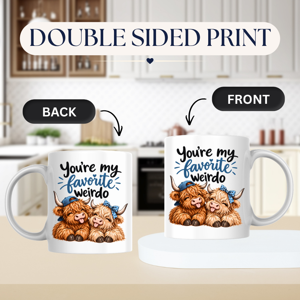 Funny Highland Cow Mug "You're My Favorite Weirdo" You're My Favorite Weirdo 325ml Ceramic Coffee Mug – Cute Couple Highland Cows with Blue Baseball Cap & Polka Dot Bow | Romantic & Funny Gift | Fast Dispatch by UK Seller (M3454)